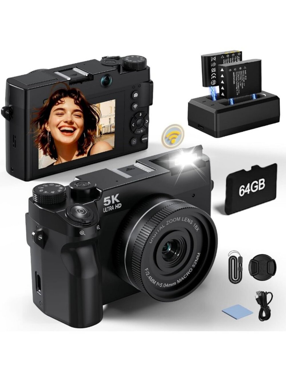 5K Digital Camera for Photography, 18X Zoom, 64GB Storage, UHD Dual Lens
